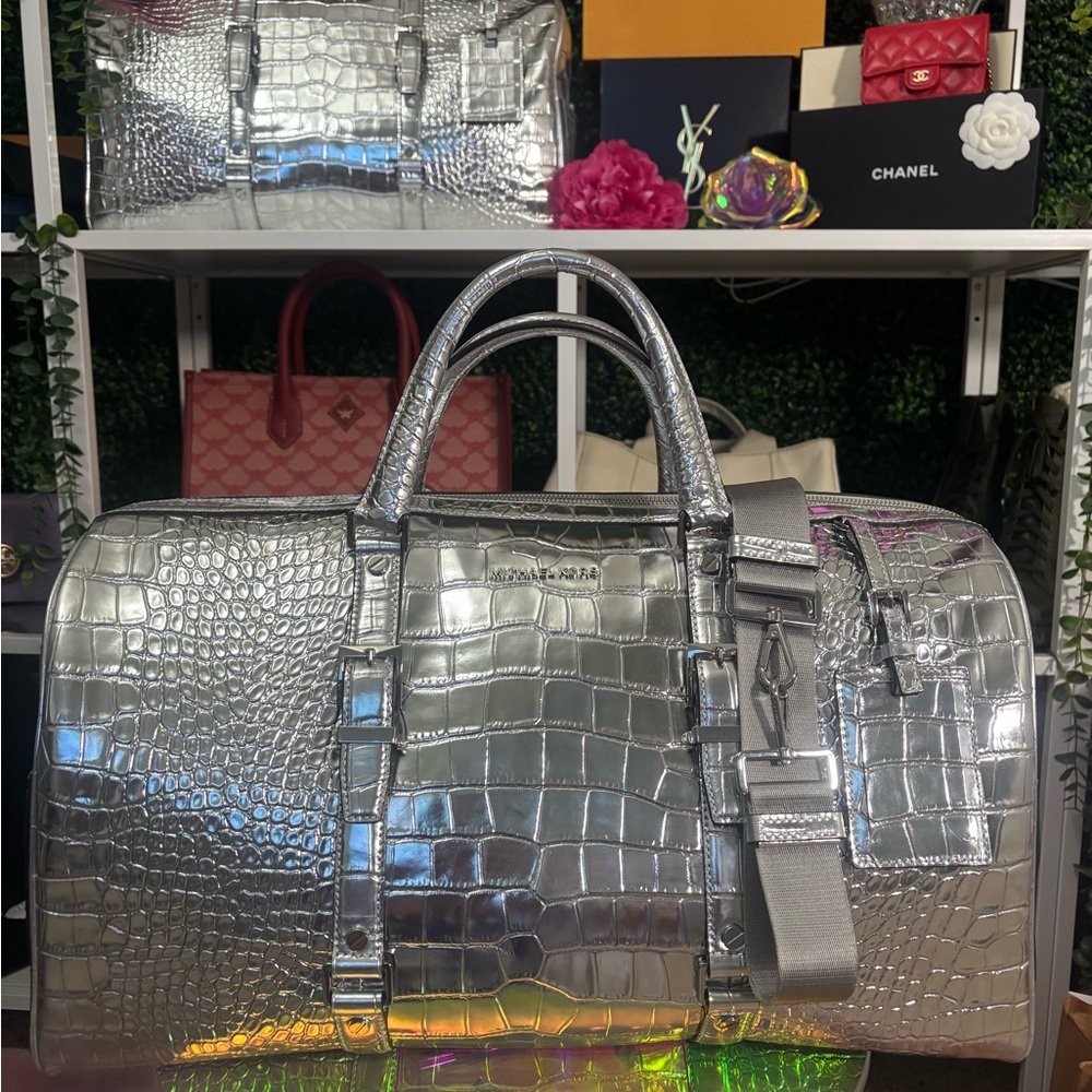 Michael Kors Silver Crocodile Embossed Duffel Bag NWT - Picture 12 of 16